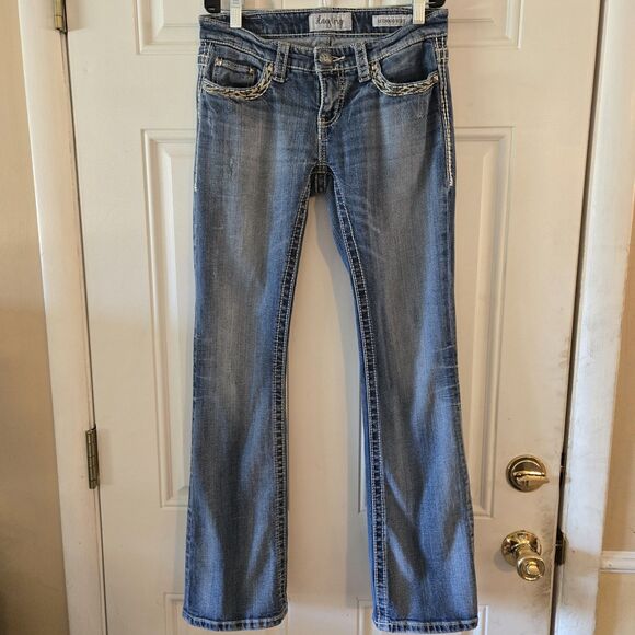 Daytrip Leo Bootcut Buckle Jeans Contrast Stitch Size 29R Distressed Denim Y2K - Picture 1 of 7